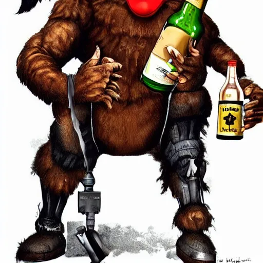 Image similar to a humanoid german shepherd beast - man in clown style, holding a bottle of beer, artstation, concept art, smooth, sharp foccus ilustration, artstation