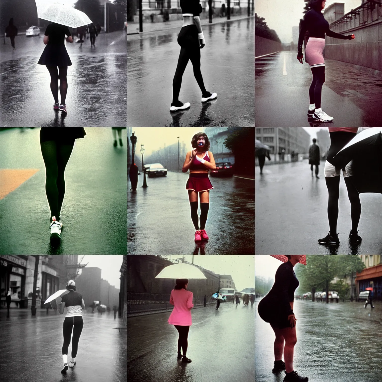 Prompt: A woman walking, tennis wear, mouth, nose, tights; on the street, rainy; 90's photograph, focus on torso,