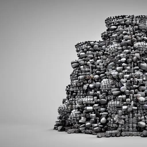 Prompt: sculpture made of piled stones, soda cans, minimal white room gallery, sunlit, photorealistic, 3 d rendering, higly detailed, minimalist, made with unreal engine, cgsociety