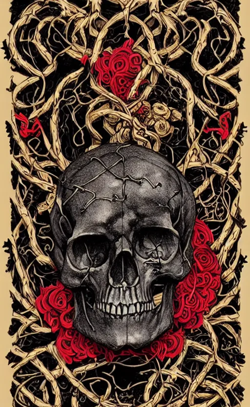 Image similar to tarot card of human skull wrapped in vines + black paper + elements + red + gold + neon + baroque + rococo + white + orange + ink + tarot card with ornate border frame + marc simonetti, paul pope, peter mohrbacher, detailed, intricate ink illustration