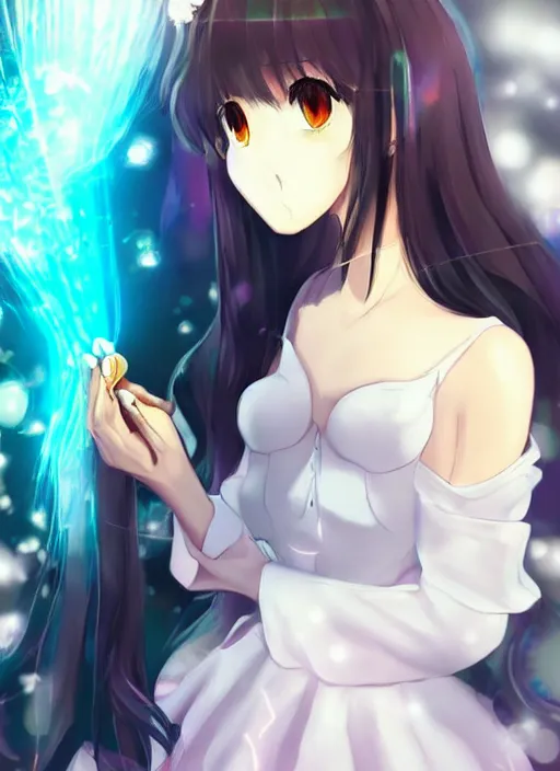 Image similar to a woman in a white dress is holding a hair brush, a hologram by muqi, trending on pixiv, neo - figurative, official art, anime aesthetic, booru