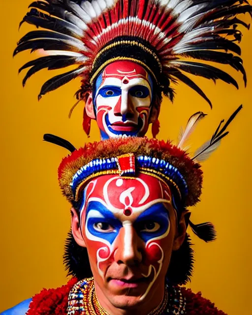 Prompt: photo of Benedict Cumberbatch as a Dramatic Theyyam male dancer with painted face wearing traditional theyyam costume in the style of stefan kostic, full body, feather native american headgear, realistic, sharp focus, symmetric, 8k high definition, insanely detailed, intricate, elegant, art by stanley lau and artgerm, Hajime Sorayama, William-Adolphe Bouguereau