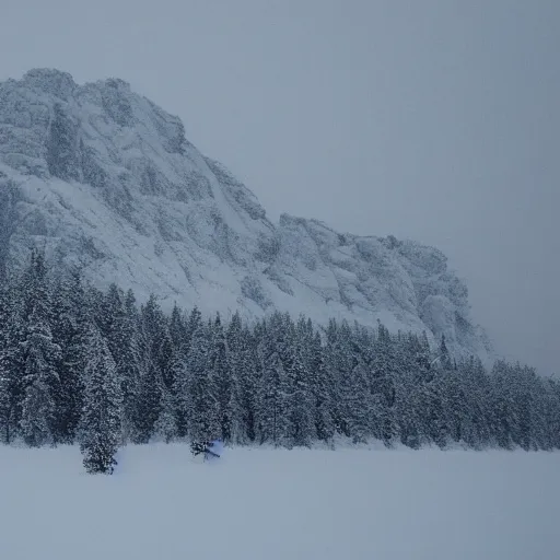 Image similar to a monolithic mountain in a taiga. overcast sky, snowing.