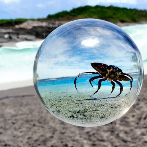 Image similar to a transparent sphere on a beach with a crab looking at it