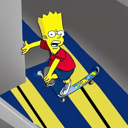 Prompt: A boy, Bart Simpson, skateboarding down a flight of stairs at home, digital art, 4K, 8K