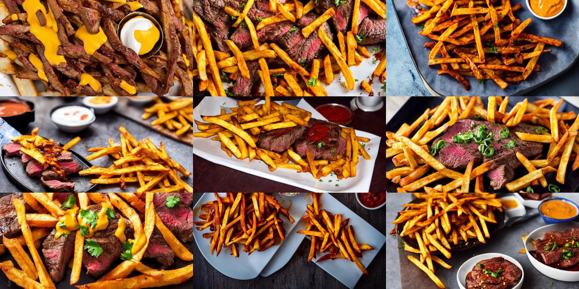 Prompt: delicious steak-fries with chili-cheese-sauce, high definition, food photography, DSLR, close up shot, pinterest