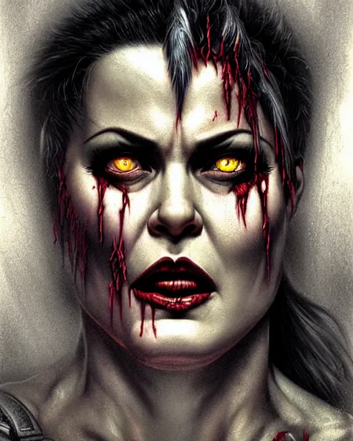 Image similar to zarya from overwatch, with an evil and crazy look inn her eyes, character portrait, portrait, close up, concept art, intricate details, highly detailed, horror poster, horror, vintage horror art, realistic, terrifying, in the style of michael whelan, beksinski, and gustave dore