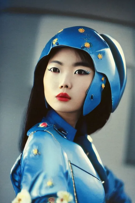 Prompt: ektachrome, 3 5 mm, highly detailed : incredibly realistic, youthful asian demure, perfect features, feminine cut, beautiful three point perspective extreme closeup 3 / 4 portrait photo in style of chiaroscuro style 1 9 8 0 s frontiers in flight suit cosplay vogue fashion edition,