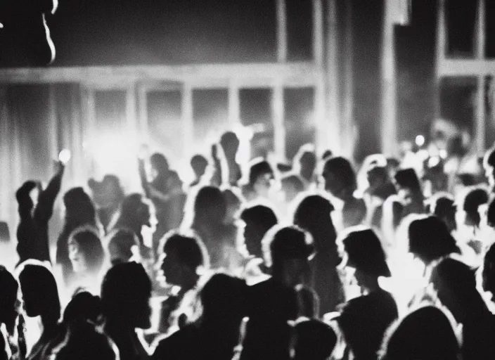 Prompt: a 2 8 mm macro photo from the back of a crowd at a nightclub in silhouette in the 1 9 7 0 s, bokeh, canon 5 0 mm, cinematic lighting, dramatic, film, photography, golden hour, depth of field, award - winning, 3 5 mm film grain