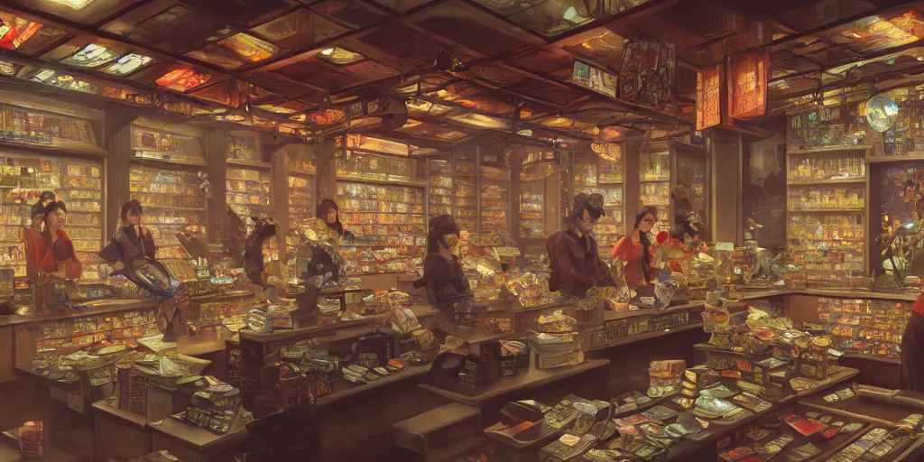 Image similar to modern coin shop with a lot of coins, 4 k, eastern tyle, geishas, octane, digital painting, artstation, concept art, sharp focus, illustration, art by artgerm and greg rutkowski and alphonse mucha