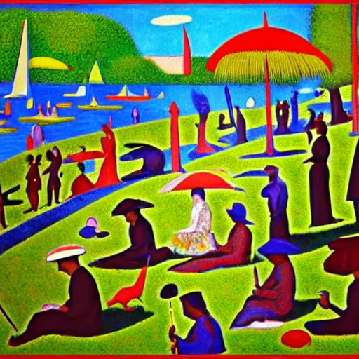 Image similar to a sunday afternoon on the island of la grande jatte in the style of pedro bell, parliament, funkadelic, george clinton, bootsy collins, the mothership, chocolate city