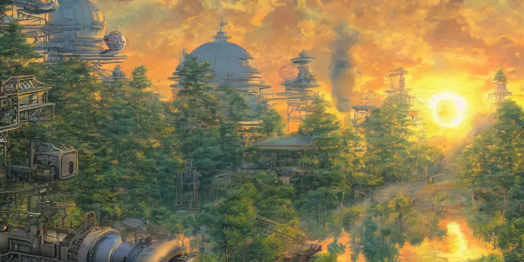 Image similar to fusion reactor, wonderous and magical, in an urban setting, sunset, by Studio Ghibli, Ivan Shishkin and Greg Rukowski