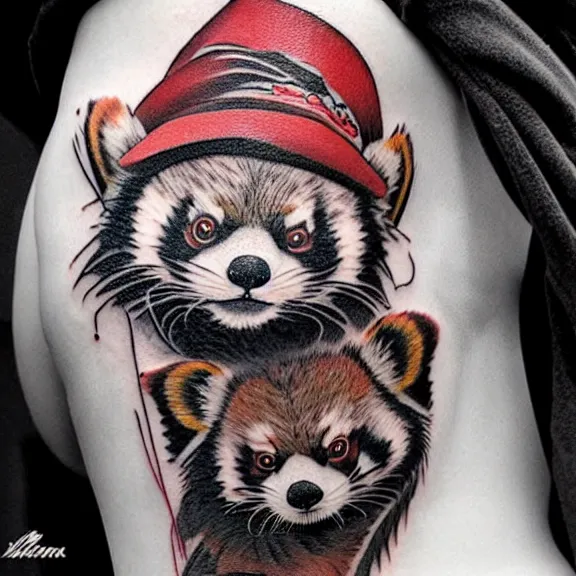 Image similar to “neotraditional tattoo of a red panda in a fullcap hat, digital art, tattoo art, highly detailed, hiperrealistic, photorealistic, 4k UHD, Zoltán Szente”