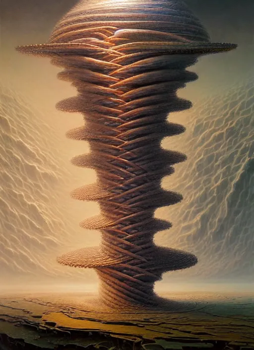 Prompt: a hyper - detailed 3 d render like a oil painting of the construction of a upward spiral, surrealism!!!!! surreal concept art, lifelike, photorealistic, digital painting, aesthetic, smooth, sharp focus, artstation hd, by greg rutkowski, bruce pennington, valentina remenar and asher duran,