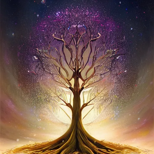 Prompt: a tree of infinite branches growing into the stars, fantasy art