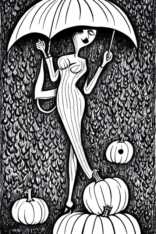 Prompt: black and white ink drawing of a beautiful woman in short gothic dress holding an umbrella next to a pumpkin by tim burton and edward gory