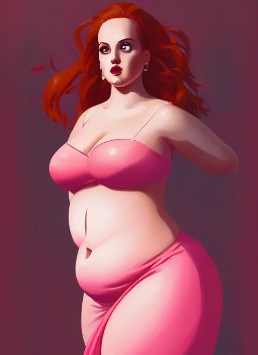 Image similar to full body portrait of teenage cheryl blossom, obese, bangs, sultry, realistic, red hair, sultry smirk, wavy hair, pink skirt, fat, belly, intricate, elegant, glowing lights, highly detailed, digital painting, artstation, concept art, smooth, sharp focus, illustration, art by wlop, mars ravelo and greg rutkowski