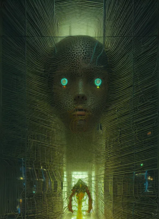 Image similar to A wall made out of eyes, flat, neon, RGB, glowing wires everywhere, pristine, by Edgar Maxence and Ross Tran, Zdzisław Beksiński, and Michael Whelan, gustav dore, H.R. Giger, 8k, octane render