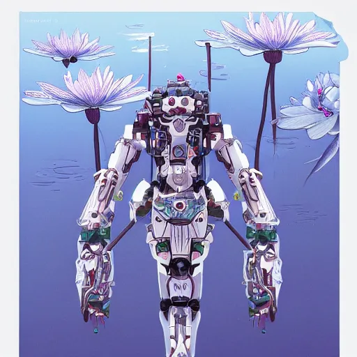 Image similar to symmetry, waterlily mobile combat suit floral robot, biomechanical, waterlily mecha nymphaea, detailed illustration, concept art, smooth, sharp focus, art by frank lloyd wright