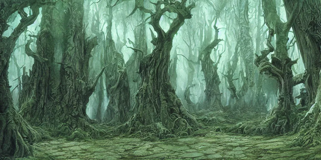 Prompt: Artwork by John Howe of the cinematic view of the Woodland of the Dark Lord.