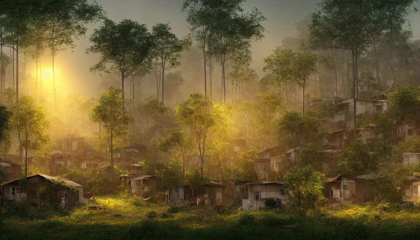 Image similar to Slum housing emerging form a forest landscape, volumetric light , full colour ,4k