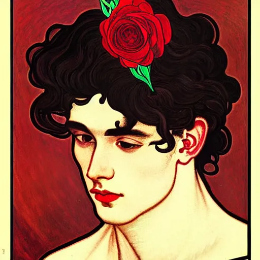 Prompt: painting of young handsome beautiful dark medium wavy hair man in his 2 0 s named shadow taehyung wearing a red rose hair crown at the cucumber and banana soup party, elegant, clear, painting, stylized, delicate, soft facial features, art, art by alphonse mucha, vincent van gogh, egon schiele