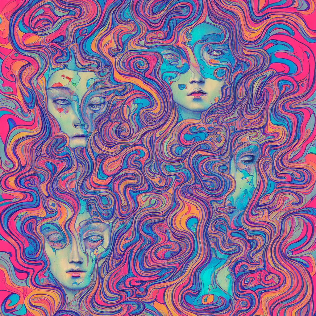 Image similar to acid faces in oil by james jean, photoillustration, mystical baroque, pastel synthwave