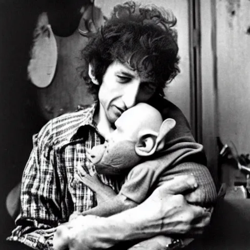 Prompt: bob dylan cradling a fat goblin like a baby, photograph, 1 9 6 5