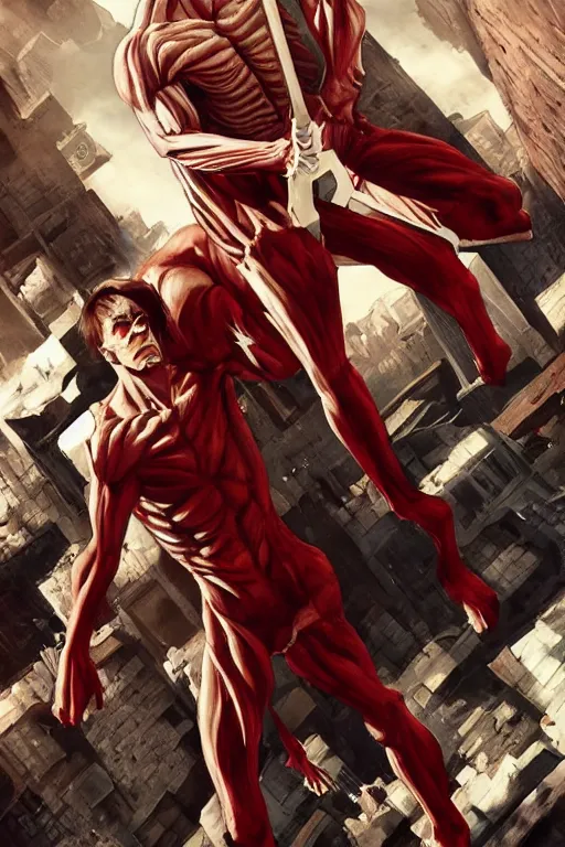 Prompt: Jerma985!!!!!!!!!! as the colossal titan, attack on titan cover art!!