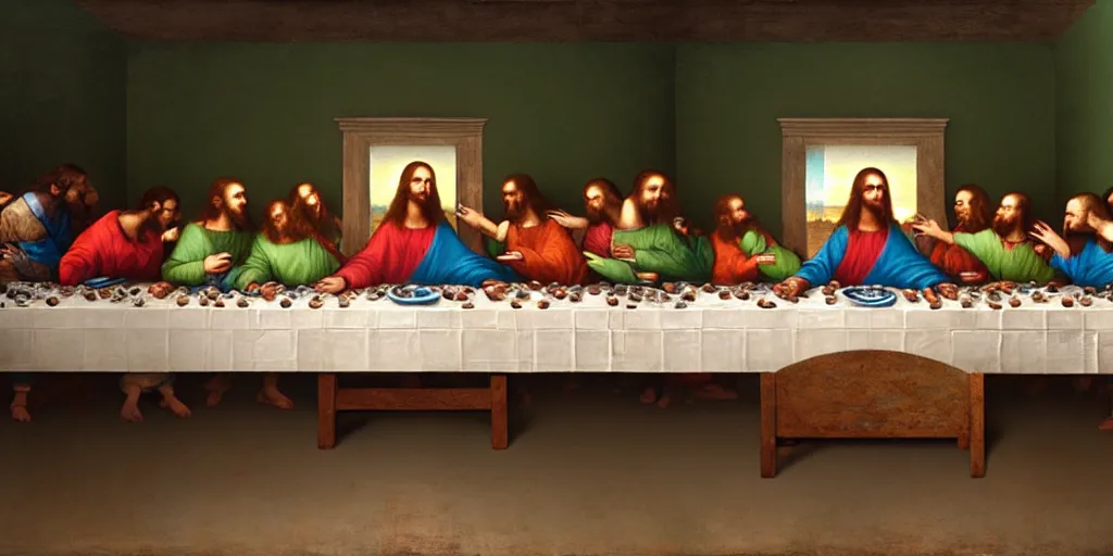 Image similar to the last supper with green sentient blobs, horror, painted by leonardo da vinci, greg rutkowski, artgerm, masterpiece, 4 k hyper realistic