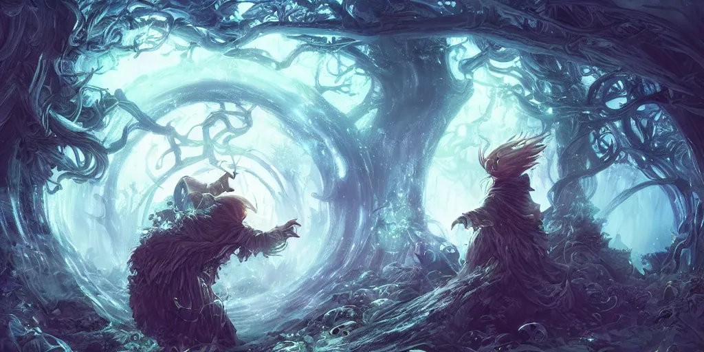 Image similar to A wizard summoning a portal in the forest to another land by ross tran, hyper-detailed, intricate, wide angle, beautiful, fantasy, concept art