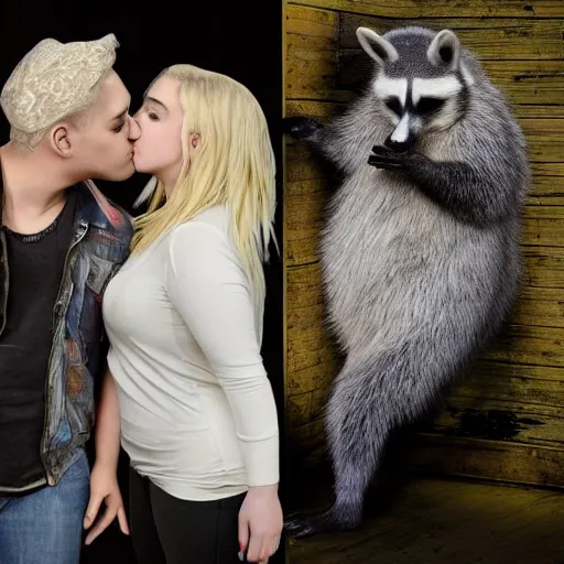 Image similar to obese ava max with dirty clothes kissing a racoon