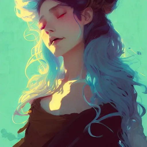 Image similar to beautiful artistic - wave highly detailed portrait female, front facing, long blue hair, in a music festival, by atey ghailan, by greg rutkowski, by greg tocchini, by james gilleard, by joe fenton, by kaethe butcher, dynamic lighting, gradient light blue, brown, blonde cream and white color scheme, grunge aesthetic