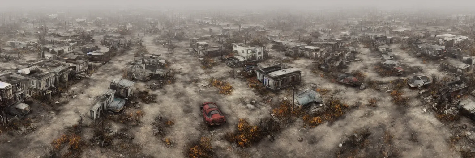 Image similar to wide angle drone shot of dilapidated silent hill in real life, desolate town, empty streets, nightmarish, some rusted retro futuristic fallout 4 style parked cars, overcast, blankets of fog pockets, rain, volumetric lighting, beautiful, daytime, autumn, sharp focus, ultra detailed, cgsociety