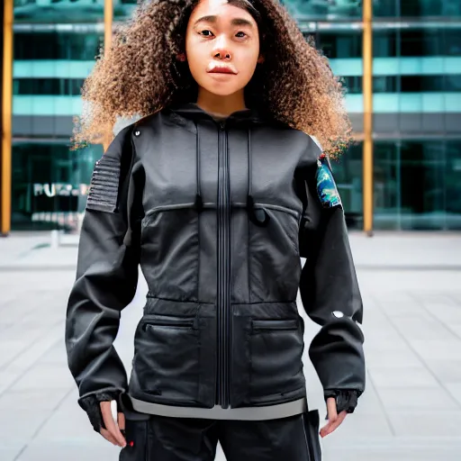 Image similar to candid photographic portrait of a poor techwear mixed young woman outside a brutalist future corporate office, closeup, sigma 85mm f/1.4, 4k, depth of field, high resolution, 4k, 8k, hd, full color