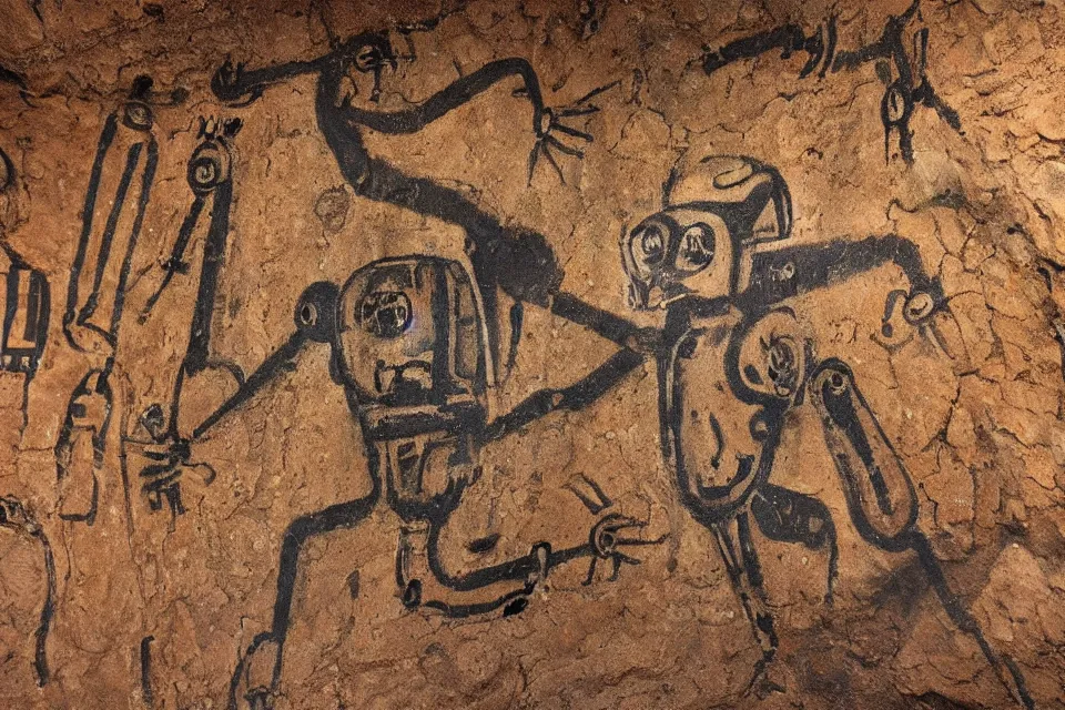 Prompt: a cave painting of a sci - fi robot. lascaux cave paintings, chauvet