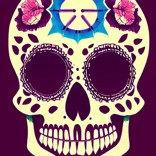 Prompt: high detail illustration, portrait of a sugar skull, shadows, atmospheric, vibrant colors, rule of thirds, trending on artstation