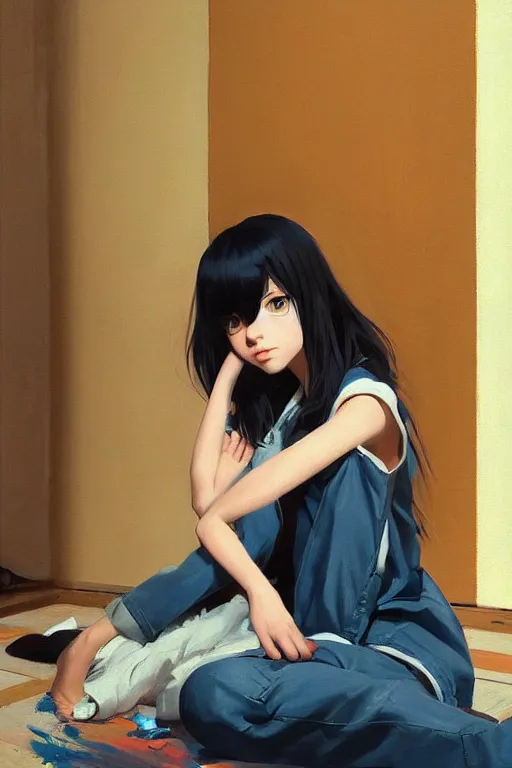 Image similar to A ultradetailed beautiful panting of a stylish girl sitting on the floor of a messy apartment, she is wearing an oversized jacket, Oil painting, by Ilya Kuvshinov, Greg Rutkowski and Makoto Shinkai