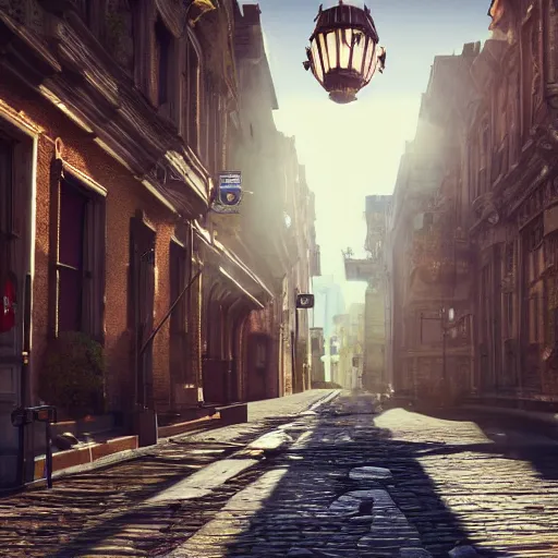 Image similar to Photorealistic steampunk city streets. Daylight. Sunlight. Lens flare. Light fixtures. 8K. Detailed. Photorealism. Artstation. 25mm.