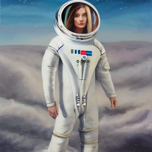 Image similar to fashion model in futuristic astronaut suit, portrait, hyperrealism oil painting