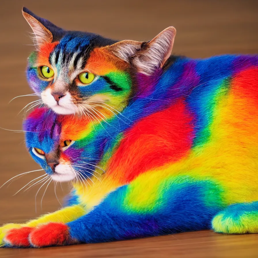 Image similar to a Rainbow cat lying on the floor, ultra realistic, 8K