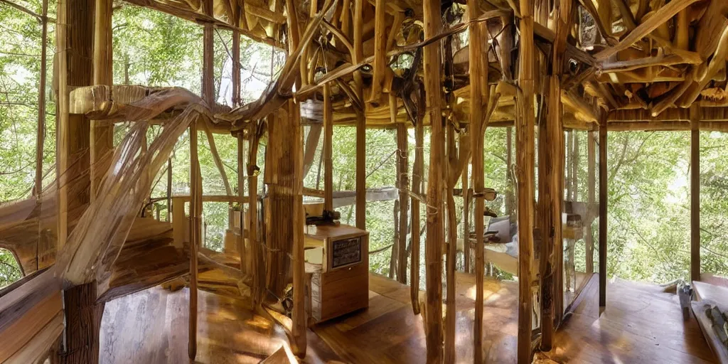 Image similar to interior of an epic treehouse. modern design, window viewing forest canopy, wooden bridge