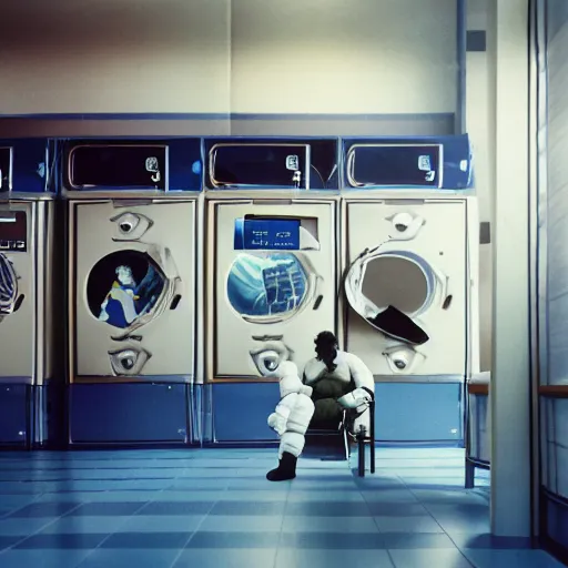 Image similar to a beautiful photo of an astronaut waiting in a laundromat, 1970', soft light, morning light, photorealistic, realistic, octane, 8k, cinematic shot