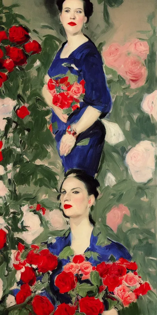 Prompt: portrait of rebekah delrio in lynch pattern dress beside of a big persian detailed pot of red roses, blue and red lights, mulholland drive, painted by john singer sargent and kim jungi - w 5 7 6