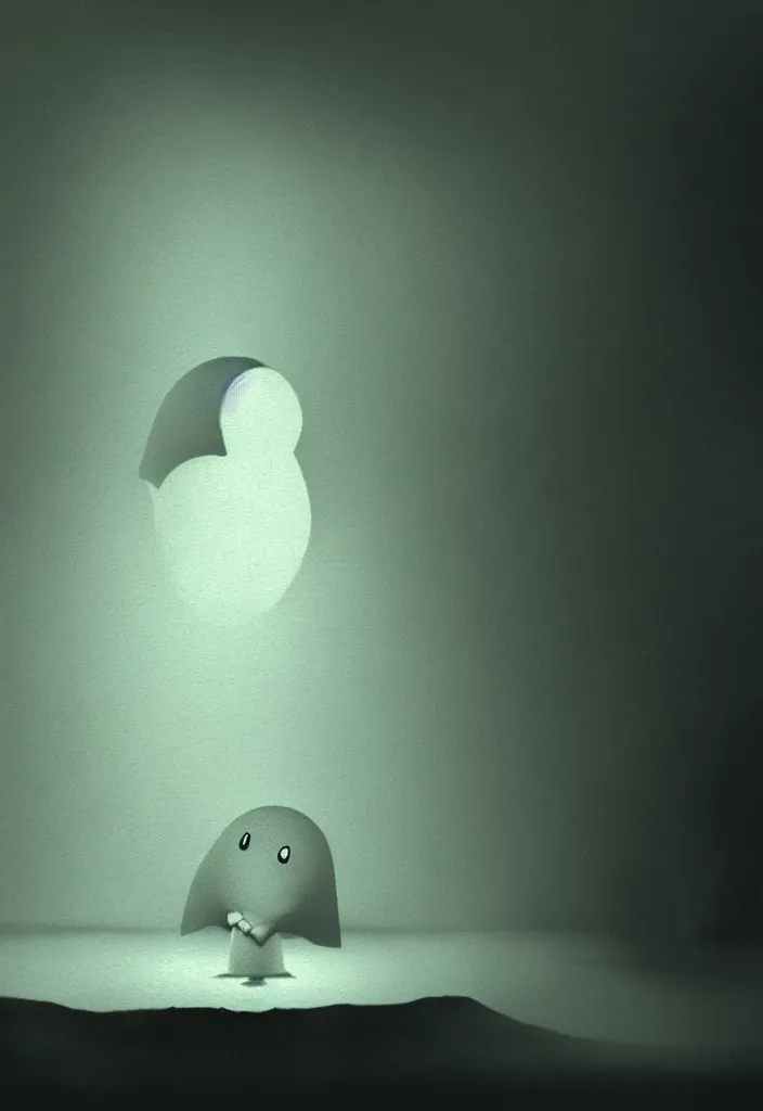 Image similar to depiction of the feeling of hopelessness, worthlessness, loneliness, of a friendly ( cute cartoon ) ghost. ambient occlusion, ray tracing render, 3 5 mm, italian horror film concept art, extremely atmospheric painting.