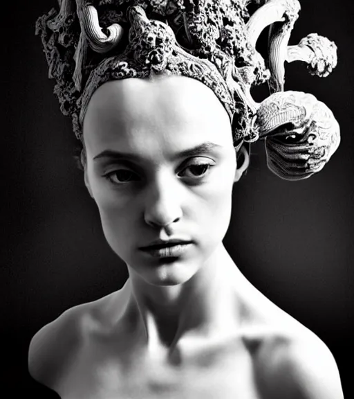 Image similar to dark background, a black and white high quality dreamy photo of a young beautiful female queen-vegetal-dragon-cyborg bust with a very long neck and delicate Mandelbrot fractal face, anatomical, facial muscles, veins, arteries, elegant, highly detailed, flesh highly baroque ornate, hair are curled wired cables, elegant, poetic, dreamy, mysterious, high fashion, rim light, in the style of Ellen von Unwerth, Realistic, Refined, Digital Art, Highly Detailed, Cinematic Lighting, rim light, black and white, photo-realistic, 8K