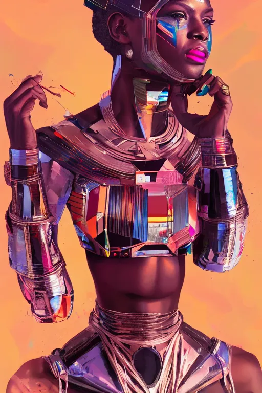 Prompt: portrait of the African Android Queen, by DC comics and Sandra Chevrier and beeple, artstation, volumetric lighting, hyperrealism, 4k UHD