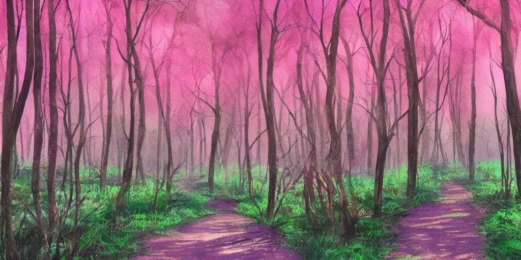 Image similar to path through a wide forest, modern contemporary, lanterns. pastel!! watercolor art, expansive cinematic view, volumetric shading, intricate and detailed, highly saturated colors. by madeon. breath of the wild style, by hayao miyazaki ghibli!!!. pink!! accents. trending on artstation. award winning