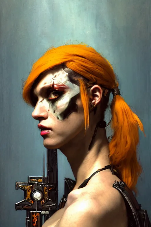 Image similar to full character portrait max mad cyberpunk warhammer 4 0 k, barbarian medic supersoldier not the girl with the pearl earring character design, painting by gaston bussiere, katsuya terada, nc wyeth, greg rutkowski, craig mullins, vermeer, frank frazetta, mucha, tom of finland, trending on artstation, jeffery catherine jones