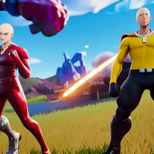 Image similar to one punch man in fortnite, character render, full body shot, highly detailed, in game render